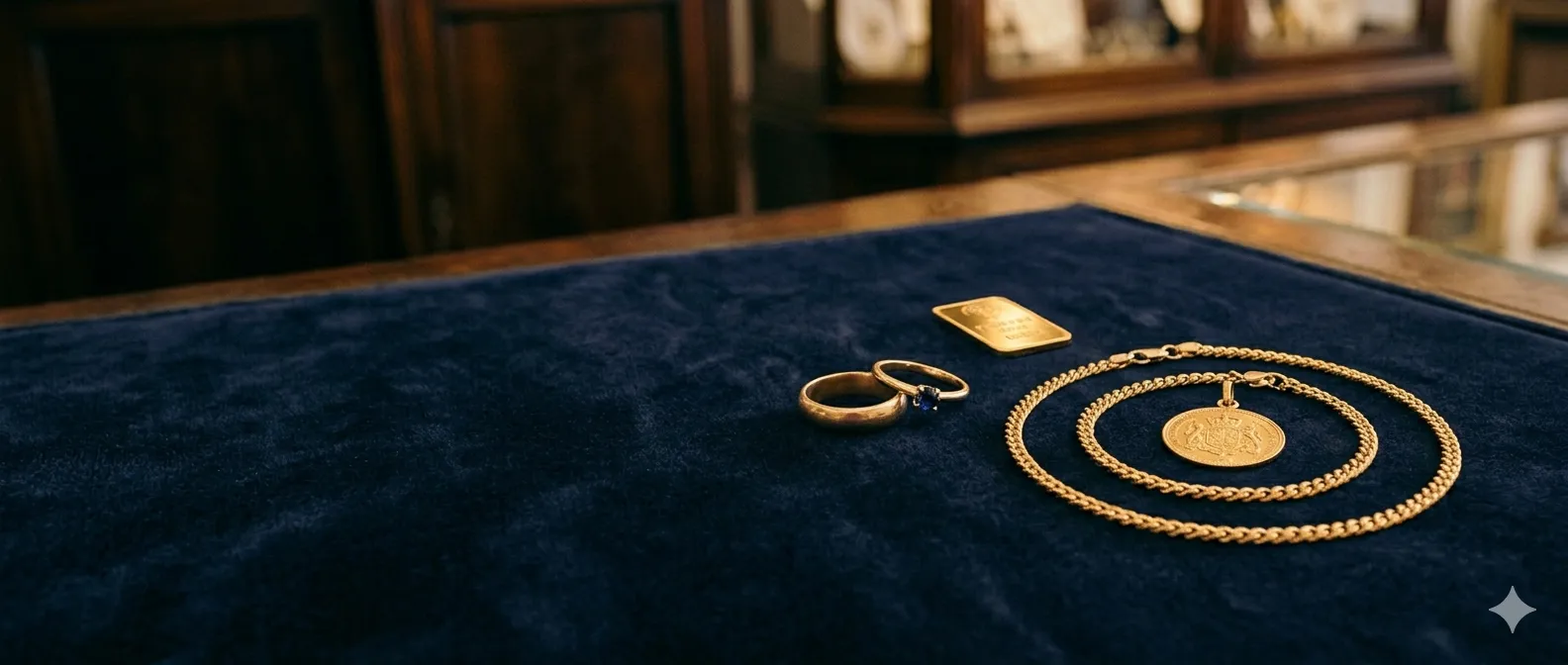 Goldschmuck auf dunkelblauem Samt – Symbolbild Goldankauf